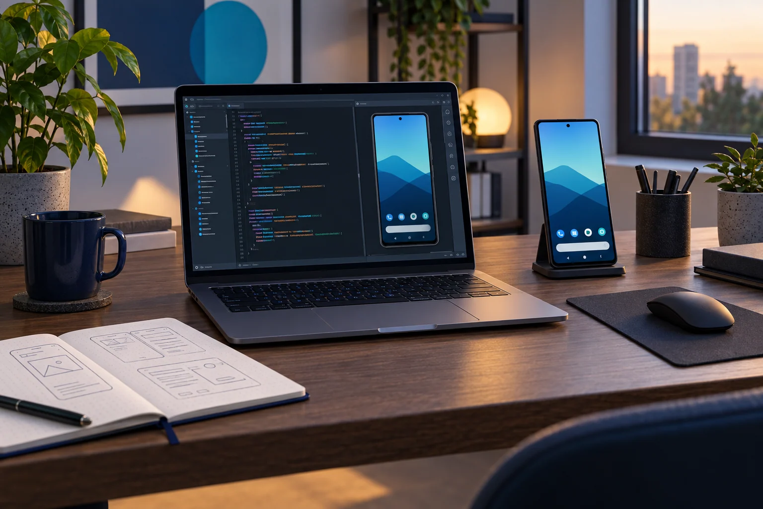Ноутбук с кодом и экраном эмулятора Android на рабочем столе без людей