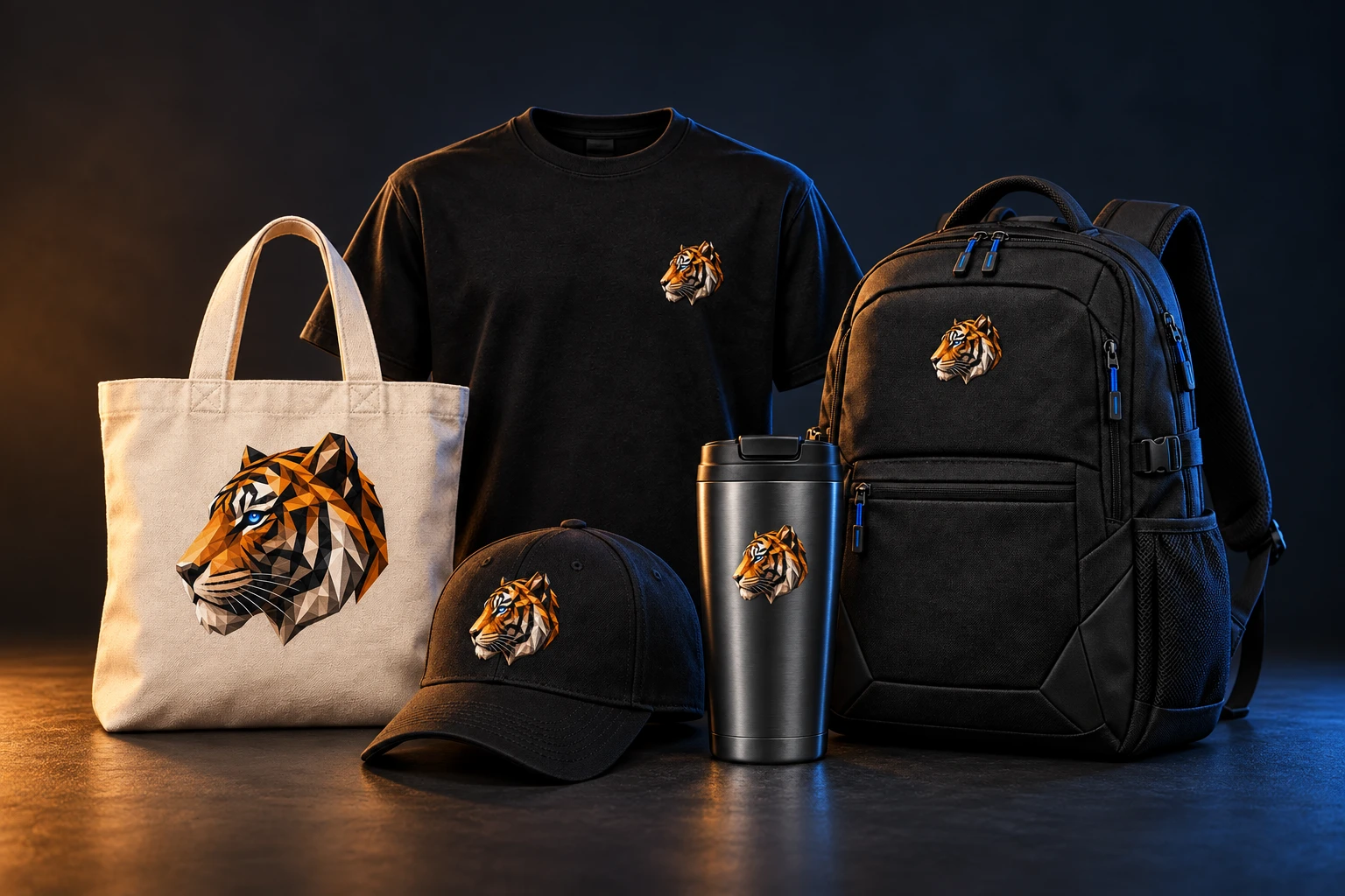 Футболка, кепка, термокружка, шопер и рюкзак TigerNova, собранные в единую предметную композицию